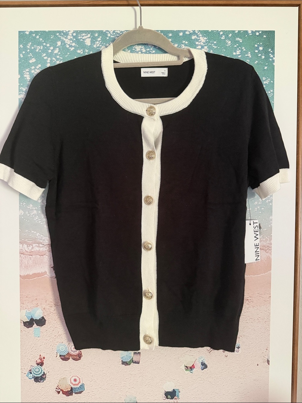 Nine West Black Short-Sleeve Cardigan with White Trim and Gold Buttons